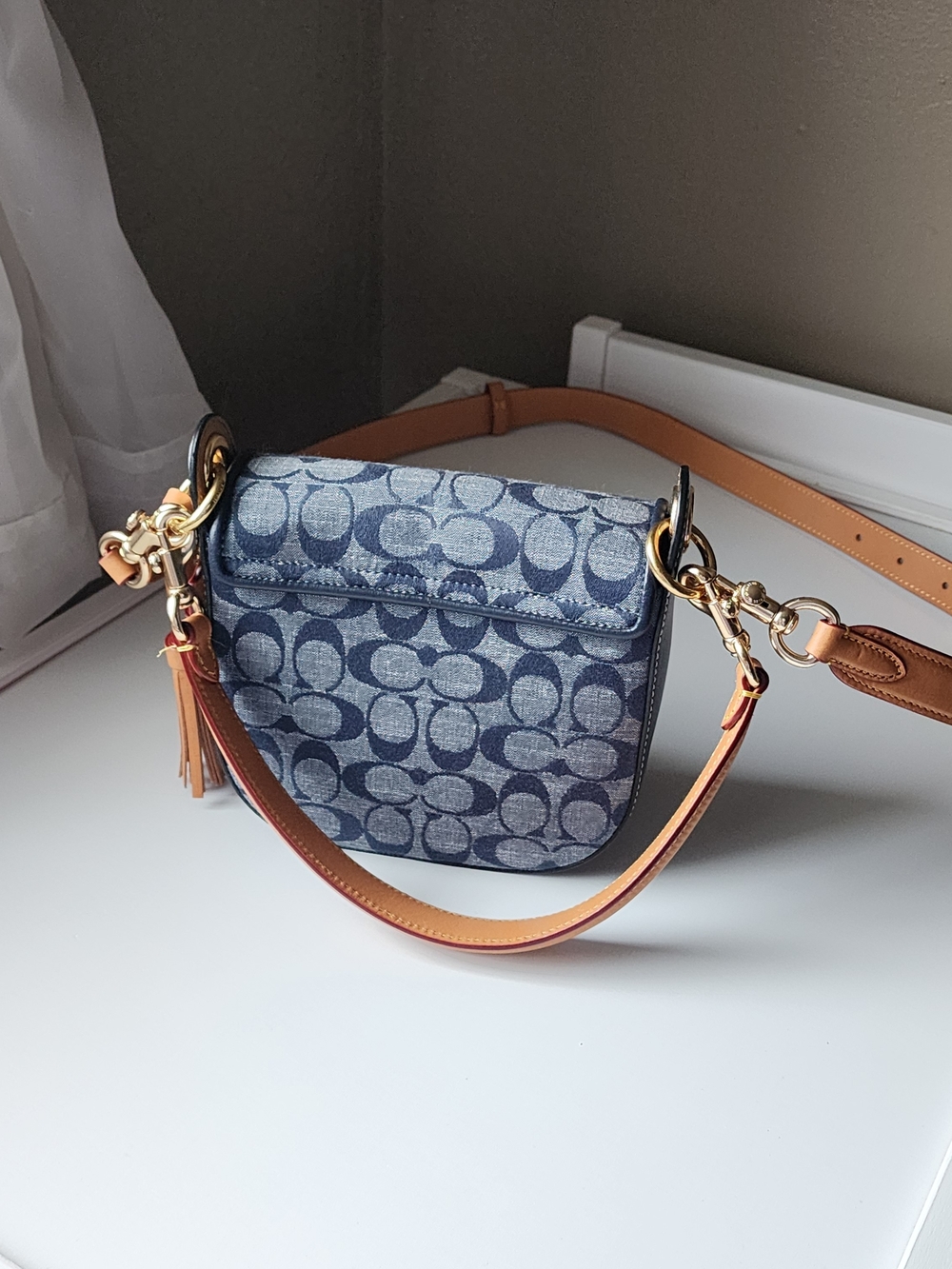 Coach Signature Denim Saddle Crossbody Bag with Tan Leather Trim - Picture 3 of 11